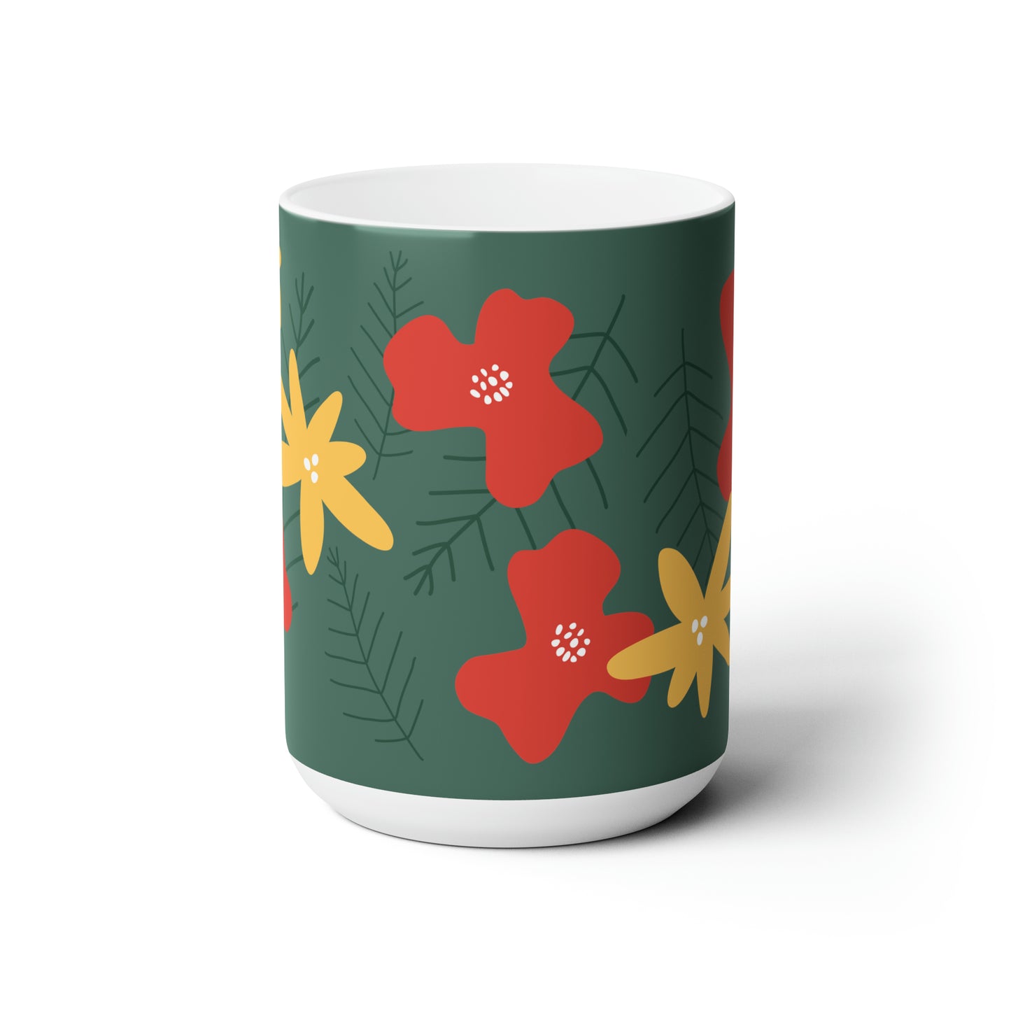 Retro Holiday Poppies and Pine | Ceramic Mug 15oz