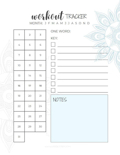 Sky Blue Mandala Workout Tracker - Year On A Page or Monthly