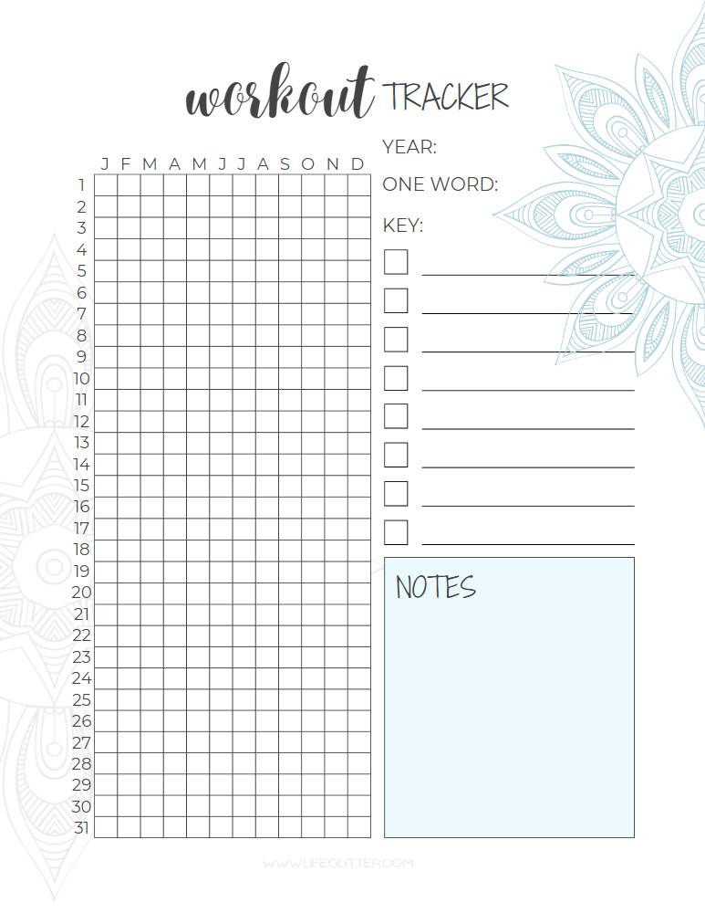 Sky Blue Mandala Workout Tracker - Year On A Page or Monthly